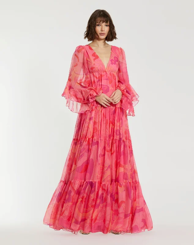 Fashion-Forward Mac Duggal 68782 Long Sleeve Printed Formal A Line Dress Sophisticated Cut