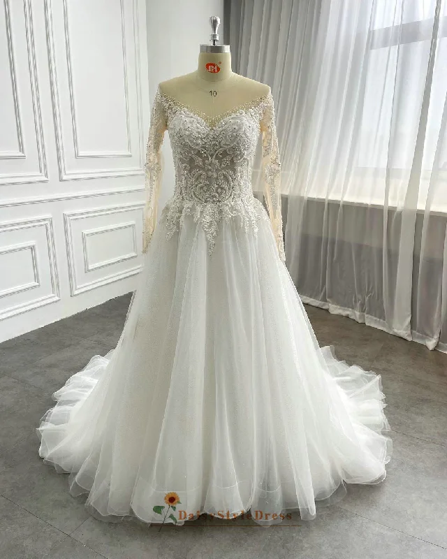 Street Chic Discounts Long Sleeve Sheer Beaded Wedding Dress Elegant Contour