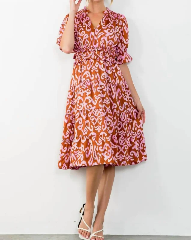 Browse Our Top Products Kai Short Sleeve Tiered Print Midi Dress In Pink Rustic Countryside Charm Look