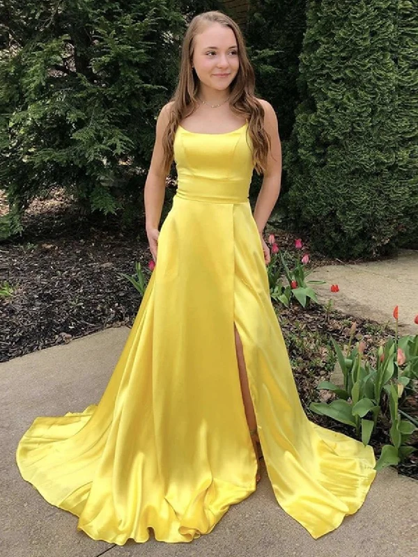 Save Big Simple Scoop Neck Yellow Satin Long Prom Dresses with Slit, Yellow Formal Graduation Evening Dresses Minimalist Office - Ready Style