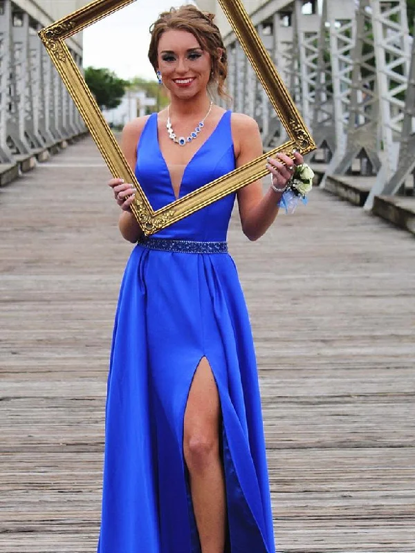 Spring Fashion Blue A Line V Neck High Split Satin Long Prom Dresses, Blue Formal Dresses, Evening Dresses Playful Elegance