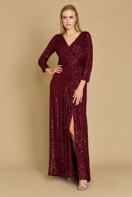 Premium Style Offers Long Sleeve Sequin Formal Hand Beaded Dress Burgundy Graceful Drape