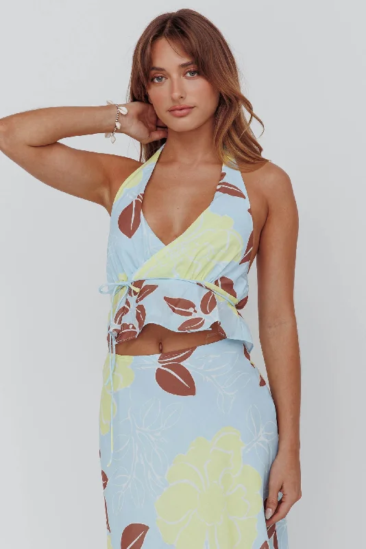 Get The Latest Trends Kika Halterneck Crop Top Floral Blue Playful Elegance
