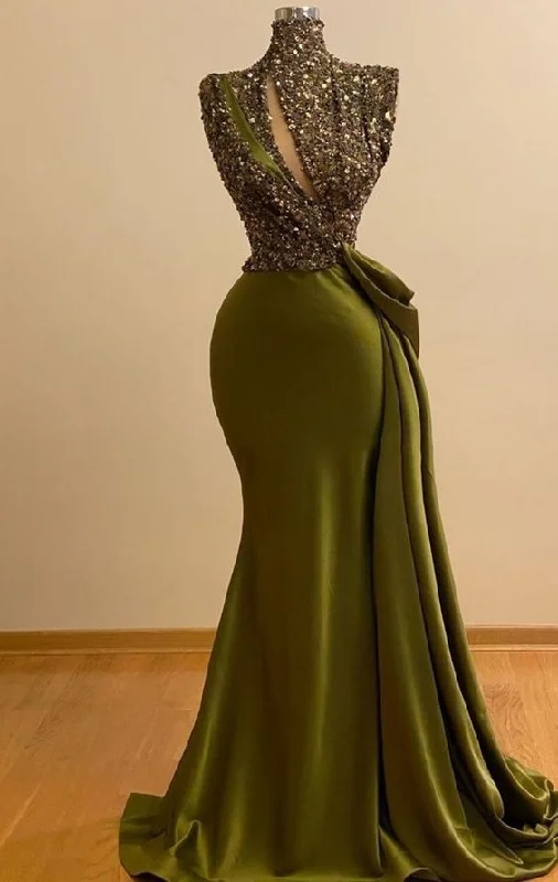 Fashion Essentials High neck vintage evening dresses long sparkly vintage elegant evening gowns  Y390 Flash Sale
