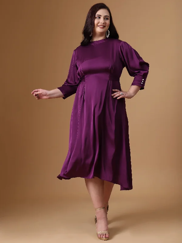 Chic Trend Collection Purple Velvet Satin Flared Dress Feminine Grace
