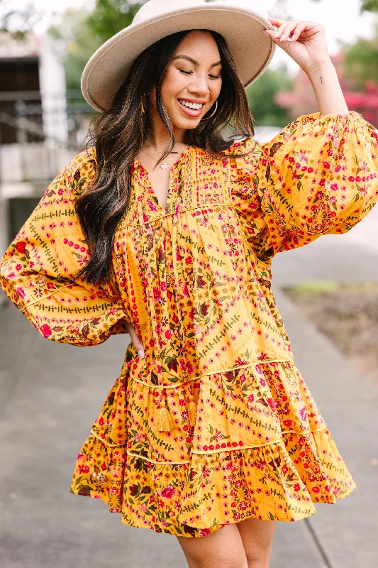 Massive Savings Olivaceous: Ready For The Day Yellow Floral Dress Bold Patterns