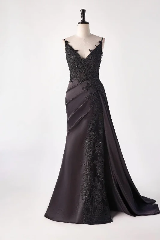 Unleash Your Fashion Black Satin Appliques Mermaid Long Dress with Slit Feminine Elegance
