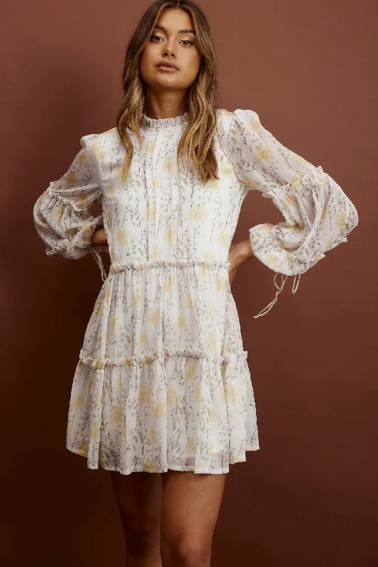Chic & Cozy Collection Beatrix High Neck Balloon Sleeve Dress Floral Yellow Vintage Retro Party Wear