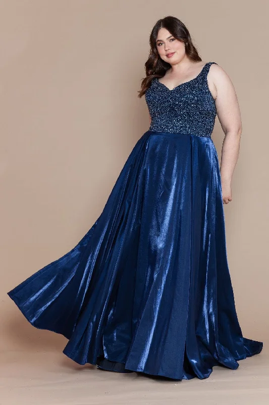 On-Trend Fashion Offers Plus Size Long Satin Dress with Beaded Bodice by Poly USA W1066 Disco - Inspired Retro Dance Look