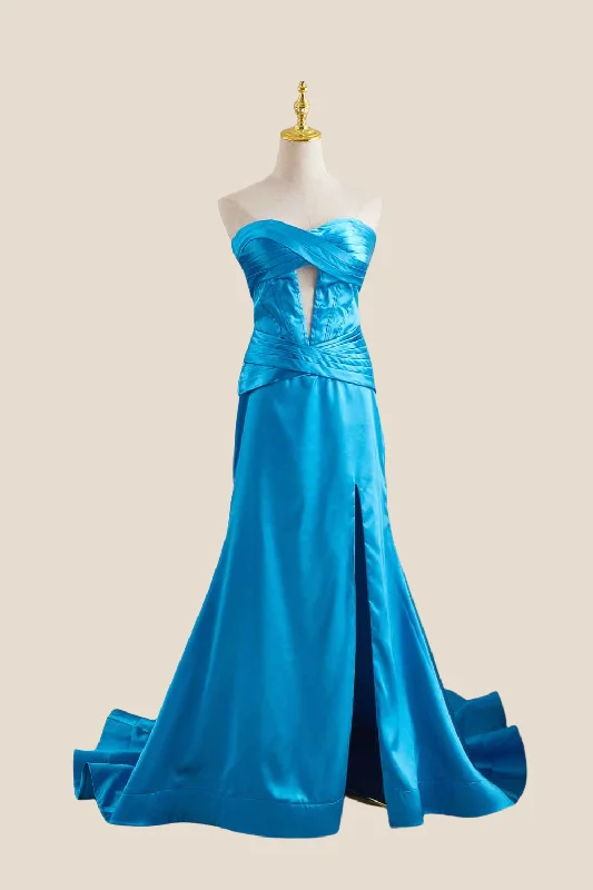 Holiday Glam Strapless Blue Twist A-line Satin Long Dress Casual Weekend Relaxed Style