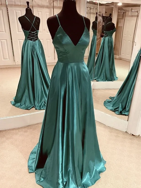Trendy Looks On Sale Simple A Line V Neck Satin Backless Green Long Prom Dresses, Open Back Green Formal Graduation Evening Dresses Cottagecore Rustic Charm Style