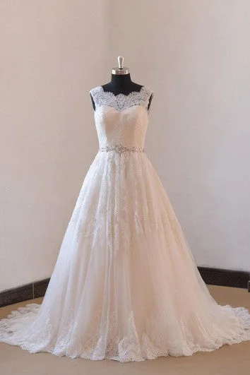 Massive Selection Sale Lace A-Line Sleeveless Wedding Gown With Low-V Back and Beaded Sash Nordic Minimalist Home Look