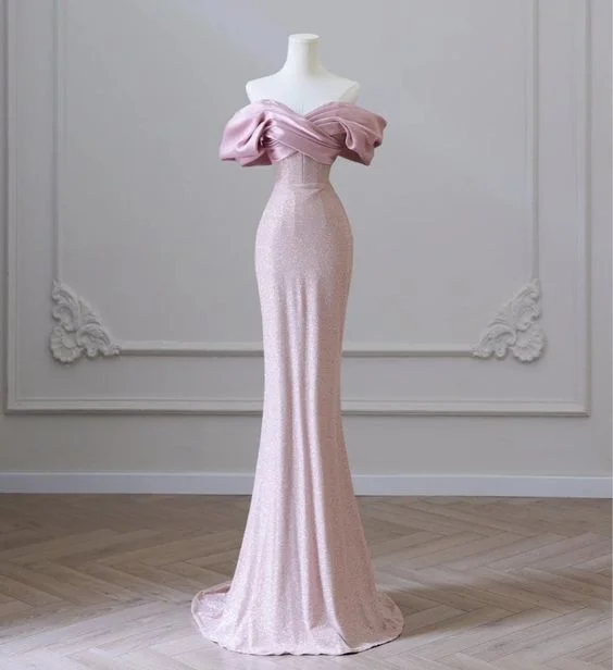 Premium Style Flesh Pink Sequin Evening Gown Elegant Women's Off Shoulder Party Prom Evening Dress  Y6963 Polished Finish