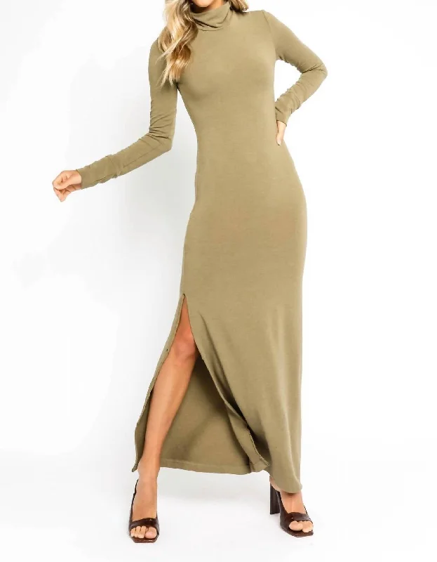 Vintage-Modern Style Offers Turtleneck Sweater Maxi Dress In Olive Seasonal Trend