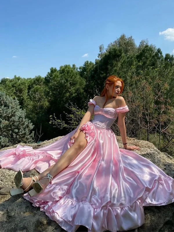 Limited Stock, Big Sale Pink Off Shoulder A-Line Satin Long Party Dress Birthday Outfits, D166 Refined Look