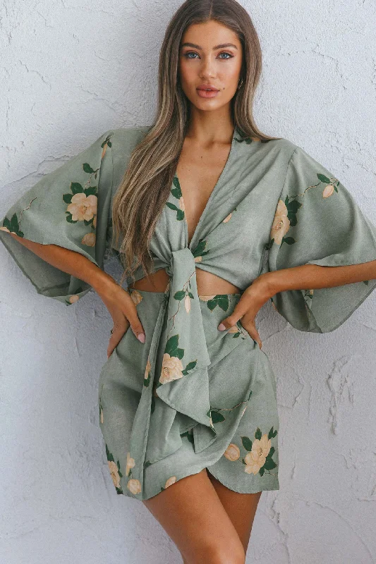 Seasonal Sale Rivera Deep-V Waist-Tie Dress Rose Floral Print Sage Rustic Countryside Charm Look