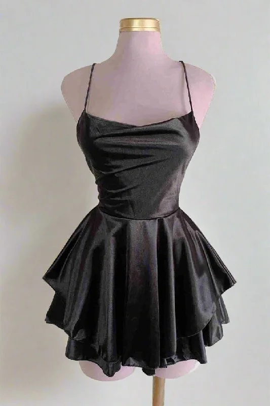 Exclusive Deals Online Black Straps A-Line Satin Simple Homecoming Dress Mini Birthday Outfits, D161 Vintage Elegance