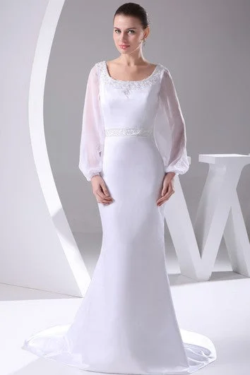Easy Elegance Sales Square-Neck Beaded Mermaid Satin Dress With Long-Sleeve Design and Court Train Casual Elegance