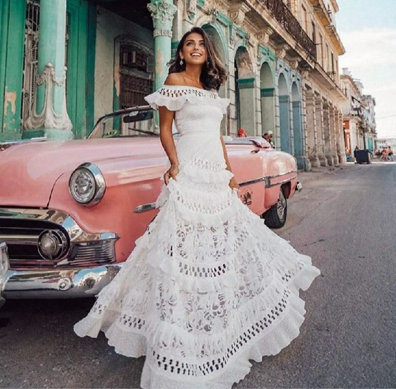 Casual Attire For Women Graceful Fashion JuliaFashion - 2024 White Lace Petal Sleeve Vintage Maxi Dress Casual Attire For Women Graceful Fashion JuliaFashion - 2024 White Lace Petal Sleeve Vintage Maxi Dress