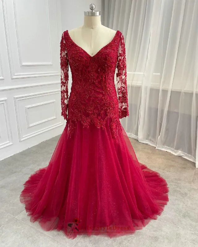 Casual Yet Chic Sales Mermaid Long Sleeve Burgundy Plus Size Wedding Dress Classic Timeless Elegant Style