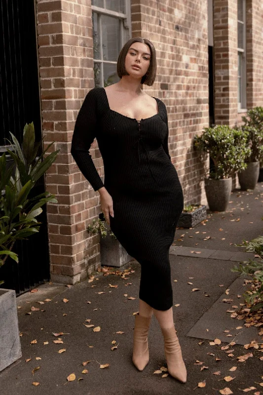 Trend Leading Collection Black Knit Dress Lace Up Front Long Sleeve Rib Graceful Cut