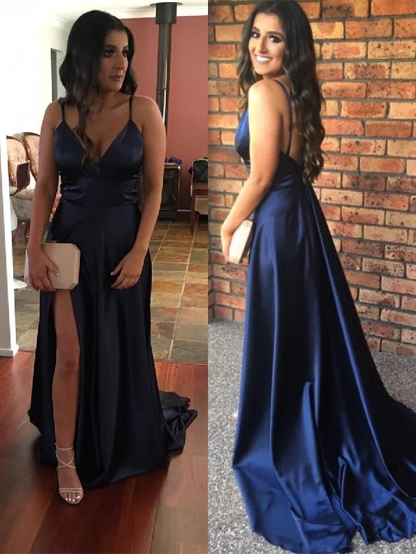 Premium Style V Neck Spaghetti Straps Backless Satin Navy Blue Prom Dresses with Slit, Navy Blue Formal Dresses, Evening Dresses Feminine Soft - Hued Look