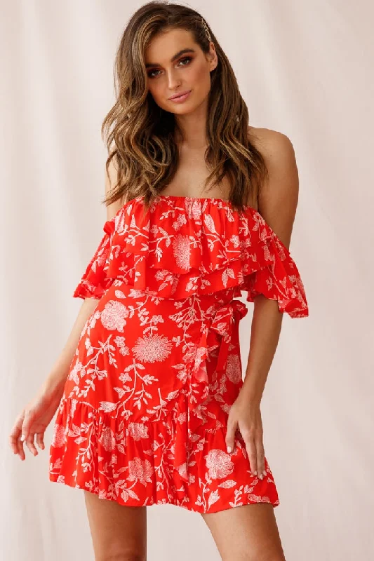 Sophisticated Street Style Offers Audrina Off-Shoulder Wrap Dress Floral Print Red Today Only