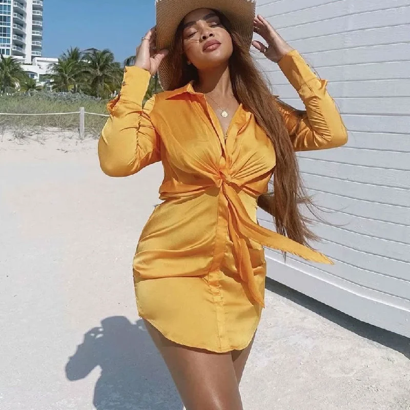Discount Extravaganza V Neck Knotted Long Sleeve Satin Shirt Mini Dress - Gold Rustic Countryside Charm Look
