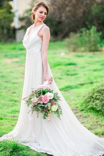Latest Fashion Cowl Neck Sleeveless Chiffon Dress With Front Slit and Lace Back Refined Simplicity