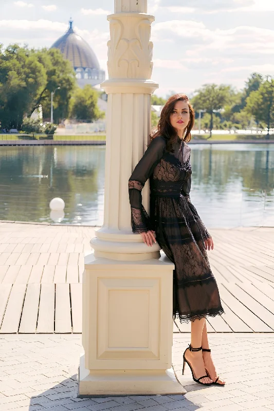 Classy Style Discounts Long Sleeve Lace Formal Black Cocktail Dress Sophisticated Cut
