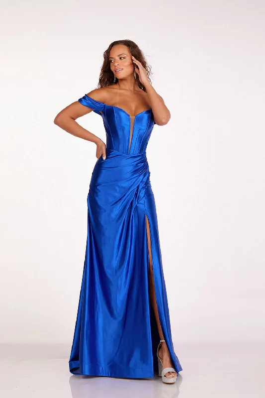 Stupidly Low Prices Satin Off Shoulder Slit Gown by Abby Paris 90216 Modern Romance