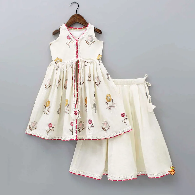 Chic Style Discounts Floral Embroidered Front Open Tie Up Pleated Kurti With Lehenga Ethnic Cultural Event Wear