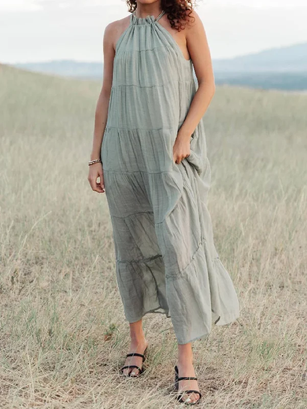 Trendy Looks On Sale Mirella Halter Tiered Maxi Dress In Sage Coastal Beach - Inspired Style