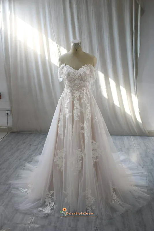 Weekend Exclusive Off Shoulder Sleeve Lace Blush Wedding Dress Modern Glamour