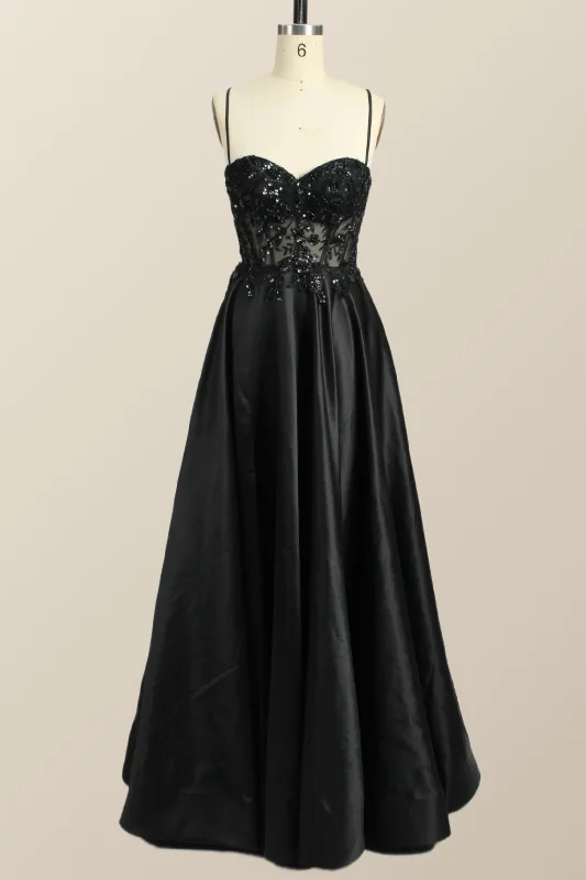 Huge Discounts This Week Beaded Black Satin A-line Prom Dress Graceful Cut