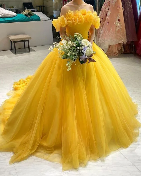 Must-Have Style Discounts Off The Shoulder Yellow Tulle Ball Gown,Yellow Princess Dress Y4627 Romantic Flair