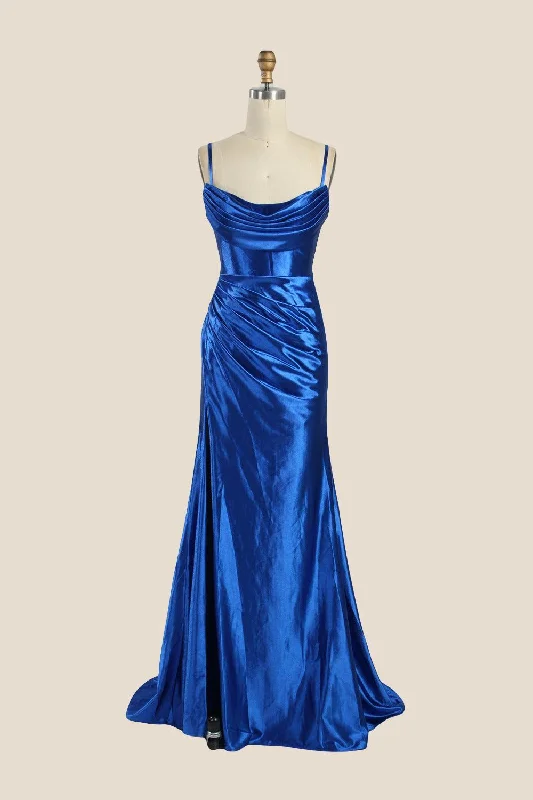 Style Redefined Cowl Neck Royal Blue Ruched Satin Long Dress Effortless Sophistication