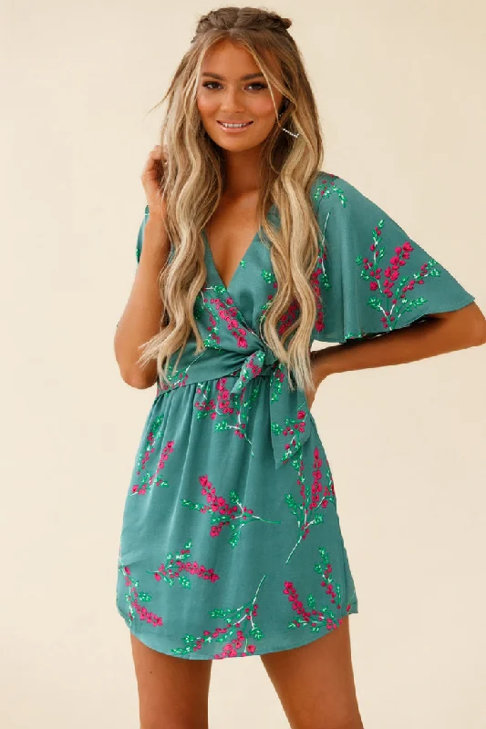 Cool Prices Stealing Hearts Flutter Sleeve Wrap Front Dress Floral Print Olive Disco - Inspired Retro Dance Look