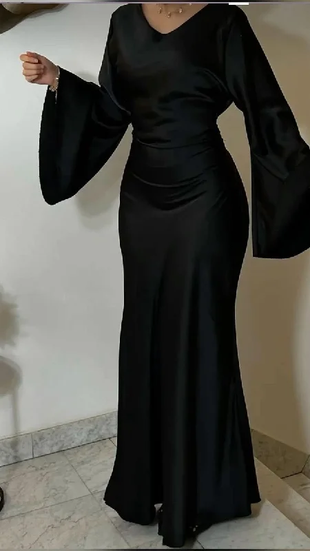 Unleash Your Trend Driven Style Modest Black Sheath Satin Long Sleeves Long Party Dress, D72 Graceful Drape