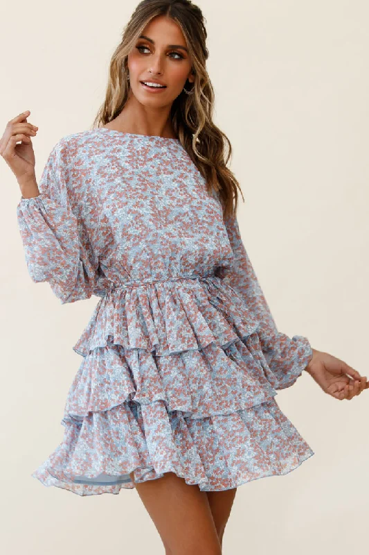 Style Redefined Odessa Long Sleeve Layered Ruffle Dress Floral Print Blue Art Deco Geometric Pattern Look