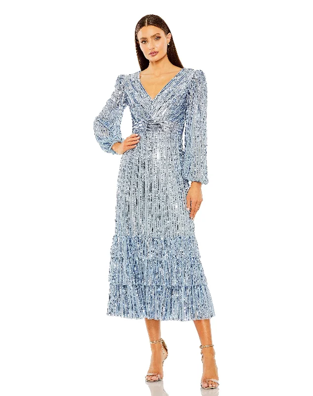Special Offer Mac Duggal 23006 Long Sleeve Formal Sequin Tea Length Dress Bold Patterns