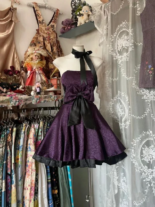 Flash Sale Fever Dark Purple A-Line Satin Vintage Short Party Dress Homecoming Dress, D116 Classic Charm