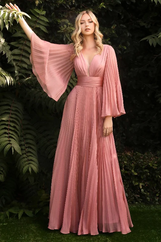 Affordable Trendy Fashion Cinderella Divine CD242 Long Sleeve Pleated Formal Prom Dress Rose Gold Classic Appeal