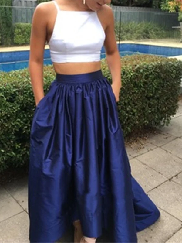 Sophisticated Fashion Two Pieces White And Navy Blue Satin Prom Dresses, Navy Blue Prom Gown, White Prom Dresses Parisian Effortless Chic Style