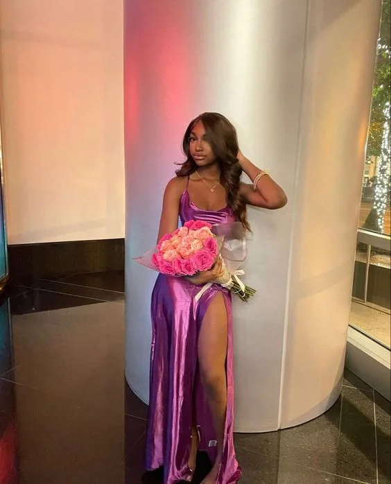Athleisure Style Sale Simple Spaghetti Straps Long Prom Dress With Split,Evening Dress,Formal Gown Y1855 Feminine Grace