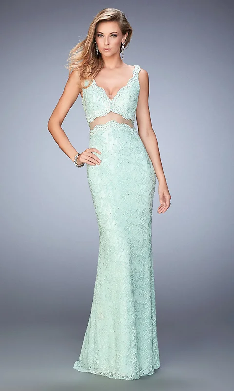 End Of Season Sale Lace Midriff Cut Out Long La Femme Formal Gown Elegant Contour