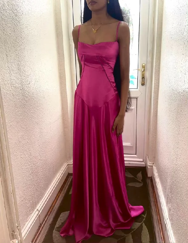 Fashion Sale Hot Pink Spaghetti Straps A-Line Satin Long Party Dress, MD7943 Rustic Countryside Charm Look