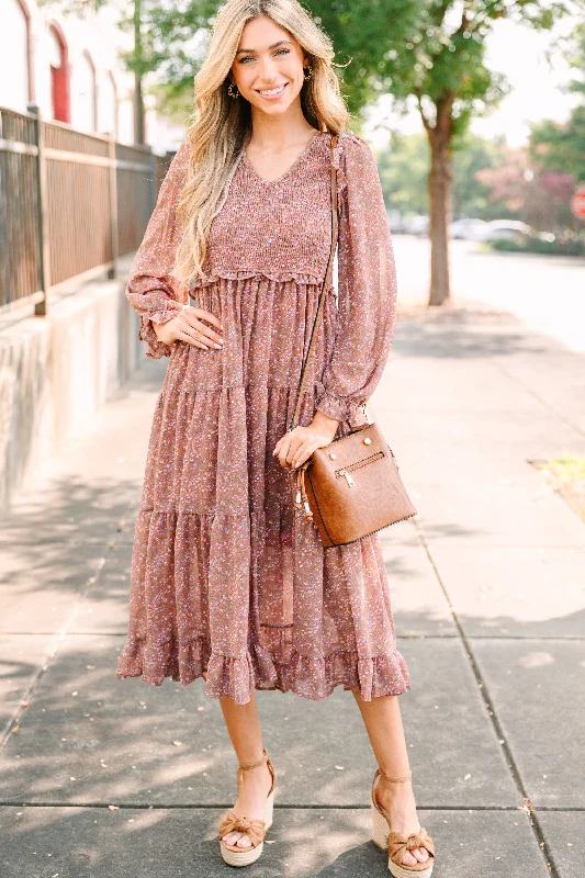 Unbeatable Prices Out In The World Rust Red Ditsy Floral Midi Dress Statement Piece