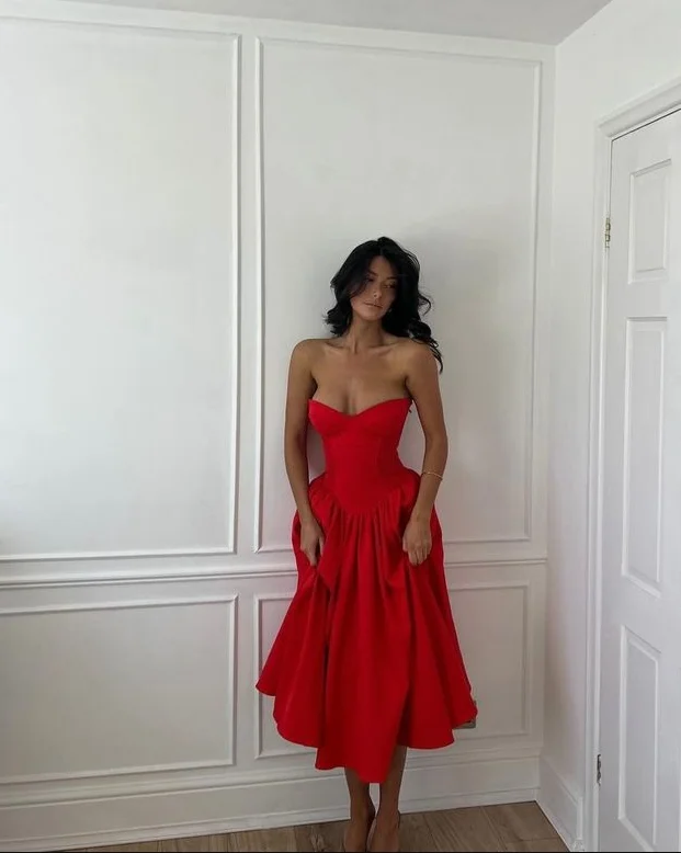 Sleek Style Discounts Charming Red Strapless Pleated Prom Dress A Line Evening Gown Y7763 Weekend Special