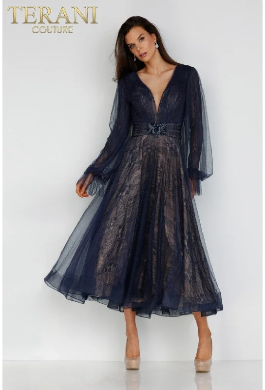 Fashion Forward Terani Couture 231C0224 Long Sleeve Tea Length Cocktail Dress Romantic Flair